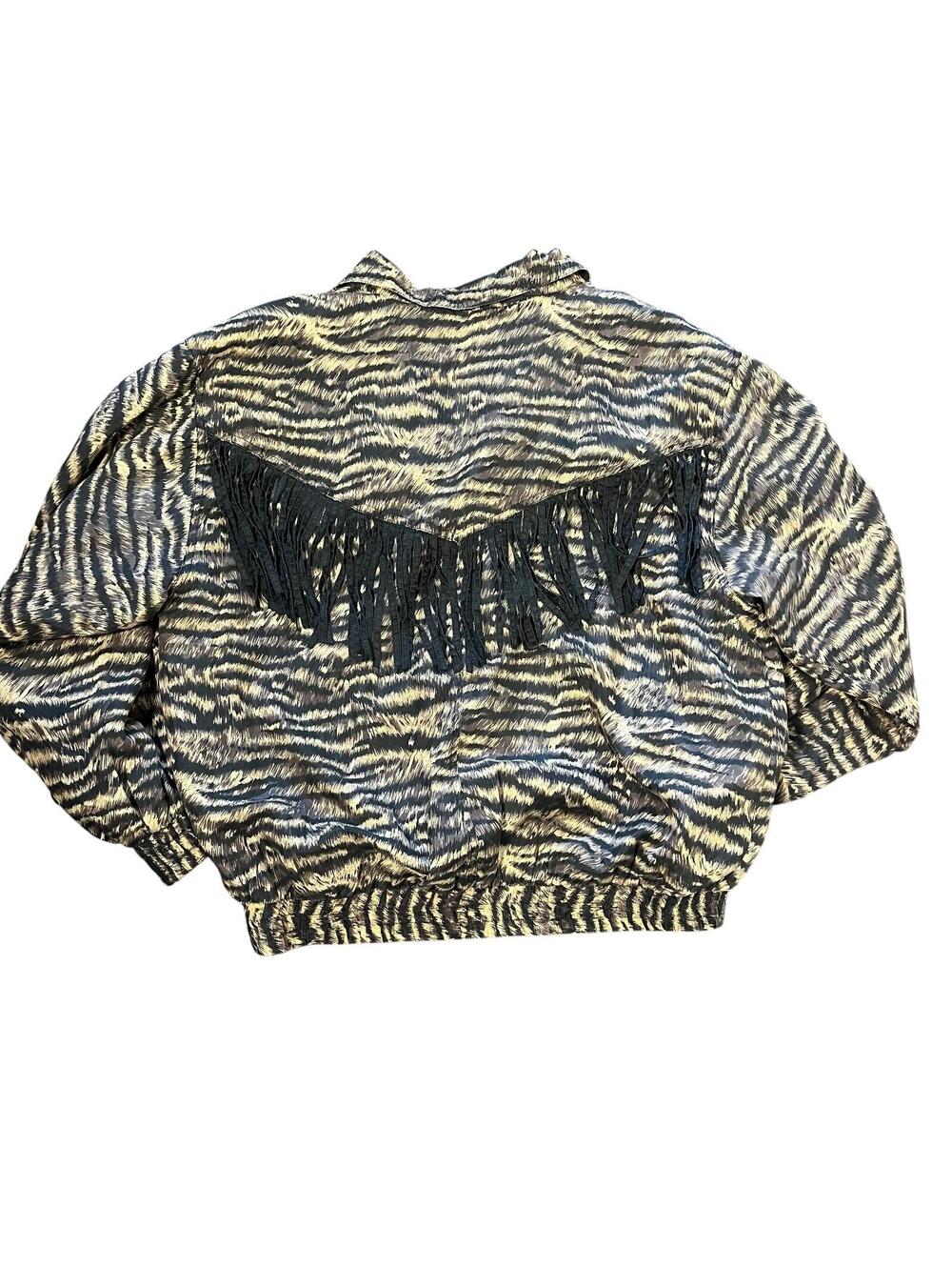 Malcolm Flowers XL Silk Tiger Print Bomber Jacket with Black Fringe Detail - Picture 2 of 3